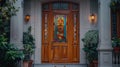 elegant entryway, a strong wooden door featuring a beautiful stained glass window, adding elegance to the buildings