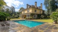 Elegant estate home with pool and manicured grounds Royalty Free Stock Photo