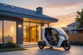 Elegant EV E Cargo Trike Basking in Sunset Glow Outside Modern Home, AI Generated Royalty Free Stock Photo