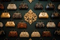 Elegants exquisite handbags and clutches arranged in symmetrical pattern. Generative AI