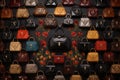 Elegants exquisite handbags and clutches arranged in symmetrical pattern. Generative AI