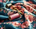 Elegant fabric swatch mockup with thread spools and sewing tools. Royalty Free Stock Photo