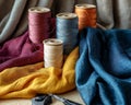 Elegant fabric swatches alongside thread spools and sewing tools. Royalty Free Stock Photo