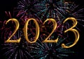 Elegant faceted gold 2023 and colorful stylized fireworks illustration Happy New Years Eve background.