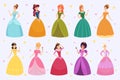 Elegant fairytale woman. Cartoon young beautiful princess fantasy fashioned childrens in colored costumes and dresses