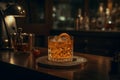 elegant fancy old fashioned orange cocktail in a bar, close up of a drink, blurred bar lights background, generative AI