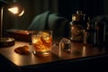 elegant fancy old fashioned orange cocktail in a bar, close up of a drink, blurred bar lights background, generative AI