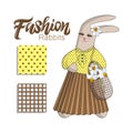 Elegant Fashion bunny rabit in pleated skirt on a white background. Hand lettering. Set of seamless patterns