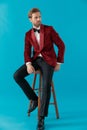 Elegant fashion man wearing red velvet tuxedo Royalty Free Stock Photo