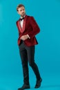 Elegant fashion man wearing red velvet tuxedo and walking Royalty Free Stock Photo
