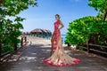 Elegant fashion model in amazing long gown dress is posing on the Maldives sandy beach. Elegance. Couture. Vogue