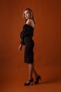 Elegant model wearing black dress and highheel shoes posing on orange background Royalty Free Stock Photo