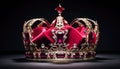 Gold crown with fancy jewelry and a big red crystal on a chic black background