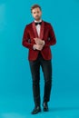 Elegant fashion model wearing red velvet tuxedo on blue background Royalty Free Stock Photo