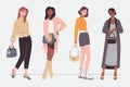 Elegant flat fashionable women friends in casual clothes. Vector isolated girl models with handbags.