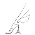 Elegant female foot in shoes with wings and a heel in the form of the Eiffel Tower. Paris. Line graphics. Vector illustration.