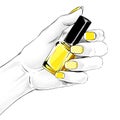 Woman hand with a beautiful french manicure holding nail polish. Fashion illustration Royalty Free Stock Photo