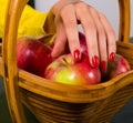 Elegant female hand picking apple from wooden basket Royalty Free Stock Photo