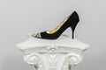 Elegant female high-heeled black suede leather shoe with snake skin application on greek column Royalty Free Stock Photo