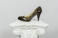 Elegant female high-heeled brown snake leather shoe on greek column Royalty Free Stock Photo