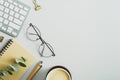 Elegant feminine workspace with office supplies, eucalyptus branches, coffee cup, keyboard, glasses on pastel green background. Royalty Free Stock Photo