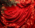 Elegant Festive Background with Lush Red Velvet Fabric and Sparkling Christmas Lights Royalty Free Stock Photo