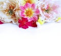 Elegant festive bouquet of light pink peonies and pink dahlias on a white background.