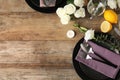 Elegant festive table setting on wooden background. Space for text Royalty Free Stock Photo