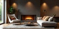 Elegant fireplace, plush armchair, modern sofa , comfortable, relaxation, space Royalty Free Stock Photo