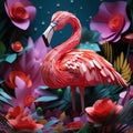 An elegant flamingo, its long and graceful origami neck delicately bending as it stands in a pond by AI generated