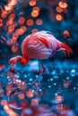 Elegant Flamingo Preening Feathers by Twilight Waters Majestic Wildlife Scene With Vivid Blue and Red Tones Royalty Free Stock Photo