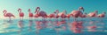 Elegant flamingos in shallow lagoon, photorealistic low angle shot under specular light