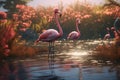Elegant flamingos wading through ancient marshes o