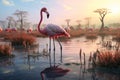 Elegant flamingos wading through ancient marshes o