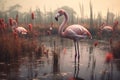 Elegant flamingos wading through ancient marshes o