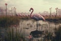 Elegant flamingos wading through ancient marshes o