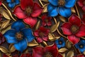 Elegant floral background of fantastic red and blue flowers with golden stems and leaves in Renaissance style, Retro Royalty Free Stock Photo