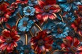 Elegant floral background of fantastic red and blue flowers with golden stems in Renaissance style, gray background Royalty Free Stock Photo