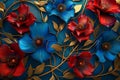 Elegant floral background of fantastic red and blue flowers with golden stems in Renaissance style, blue background Royalty Free Stock Photo