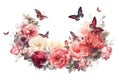 Elegant floral banner or frame with butterflies, hibiscus, roses and peonies isolated on white background, floral greeting border, Royalty Free Stock Photo