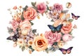 Elegant floral banner or frame with butterflies, hibiscus, roses and peonies isolated on white background, floral greeting border, Royalty Free Stock Photo