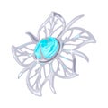 Floral carved platinum, white golden or silver brooch. charm or pendant with blue aquamarine or topaz.