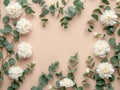 Elegant Floral Frame with White Carnation Flowers and Green Eucalyptus Leaves AI Generated Royalty Free Stock Photo