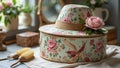 Elegant floral hat with bird design on vintage hatbox in sunlit room Royalty Free Stock Photo