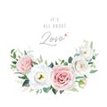 Elegant floral invite, greeting card with blush pink, white roses, lisanthus, greenery eucalyptus leaves, seeds, branches wreath Royalty Free Stock Photo