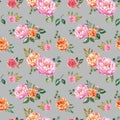 Trendy watercolour floral seamless pattern. Hand painted pink and orange flowers on pale grey background. Botanical print.