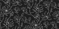 Elegant floral seamless pattern - branches with magnolia flowers. Black and white repeat print with delicate petals. Royalty Free Stock Photo