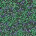 Elegant floral seamless pattern with licorice inflorescences, stems and leaves. Beautiful blooming purple flowers hand