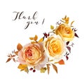 Elegant, floral thank you greeting wedding card. Autumn watercolor style yellow vector rose, cream flowers, orange, burgundy