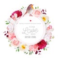 Elegant floral vector round card with white and burgundy red peony, rose, orchid, carnation flowers, mixed leaves Royalty Free Stock Photo